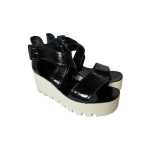 8100 Melrose Cross Strap Black Patent Buckle Wedge Sandal Women’s Size 41 Italy‎